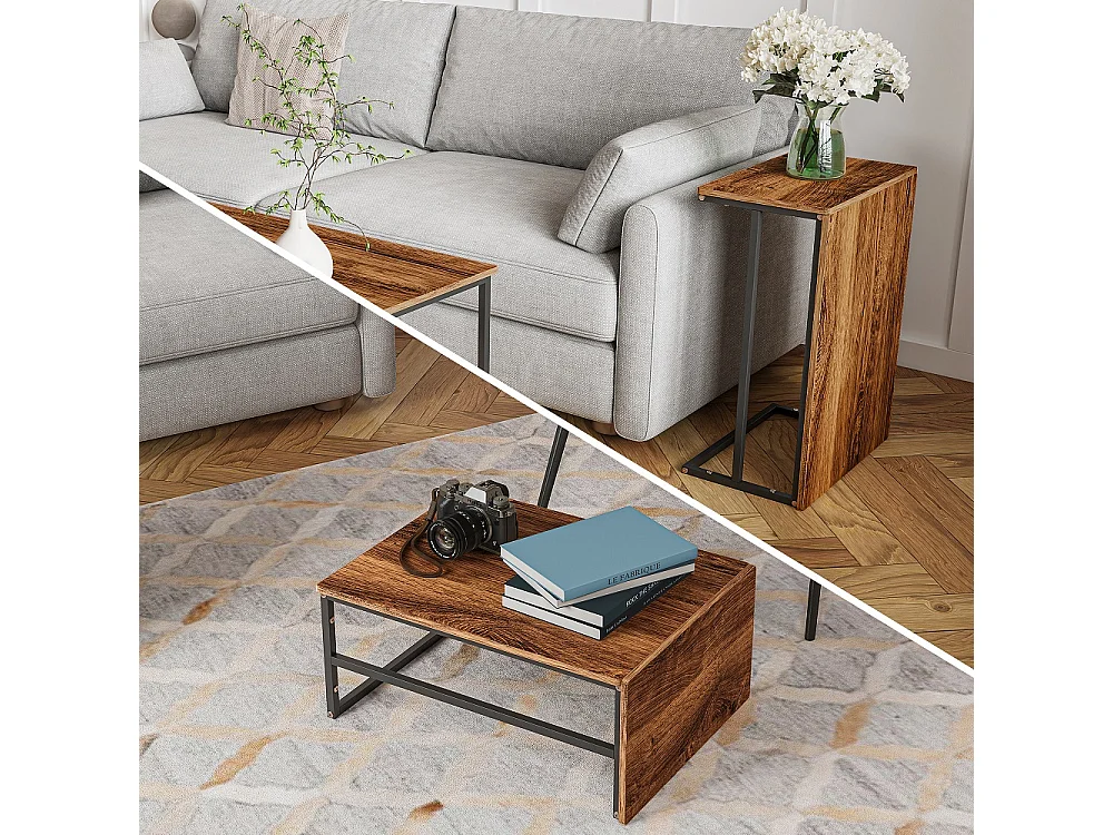 Ensemble de 2 tables à café empilables modernes - pieds de table noirs + panneau de grain de bois - avec espace de stockage