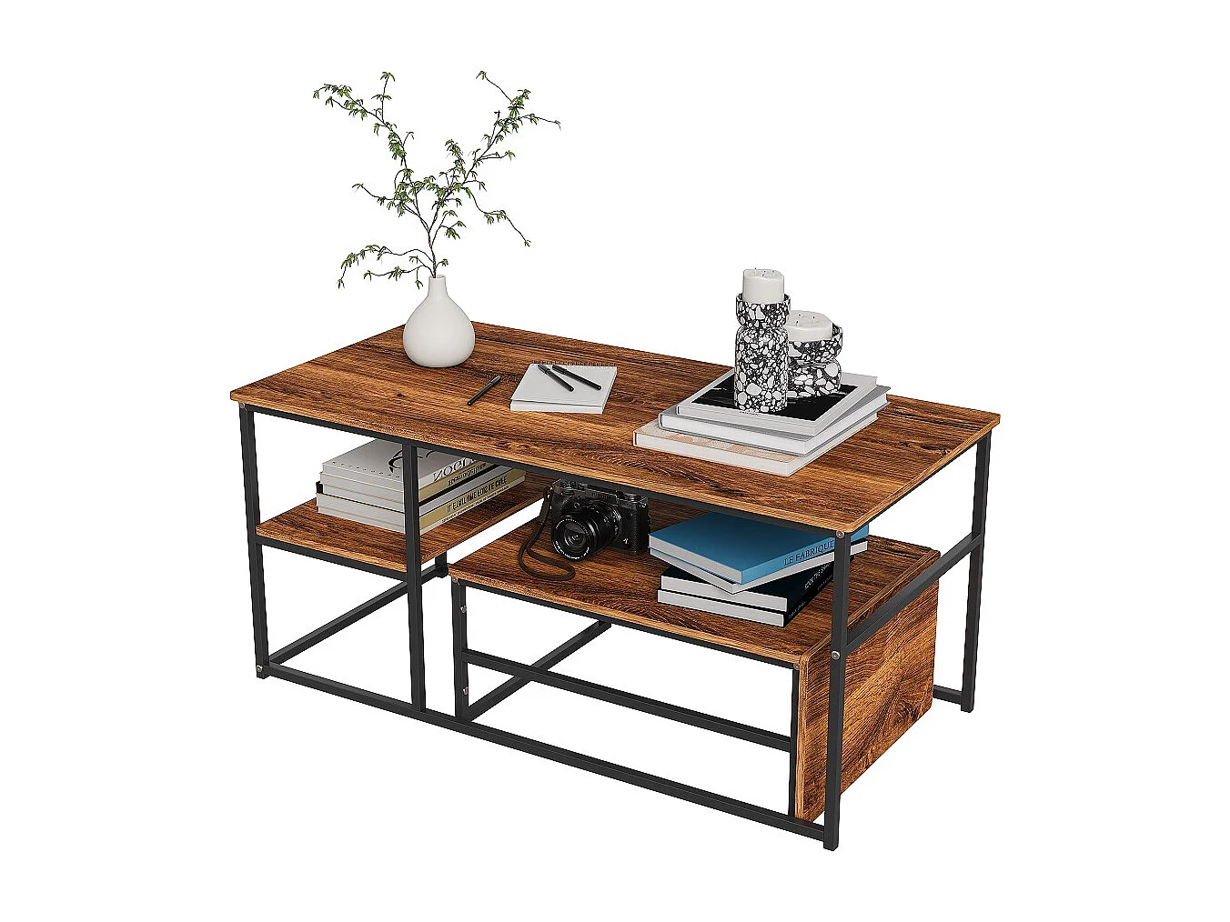 Ensemble de 2 tables à café empilables modernes - pieds de table noirs + panneau de grain de bois - avec espace de stockage