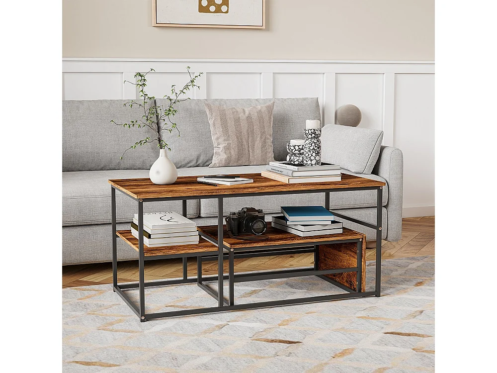 Ensemble de 2 tables à café empilables modernes - pieds de table noirs + panneau de grain de bois - avec espace de stockage