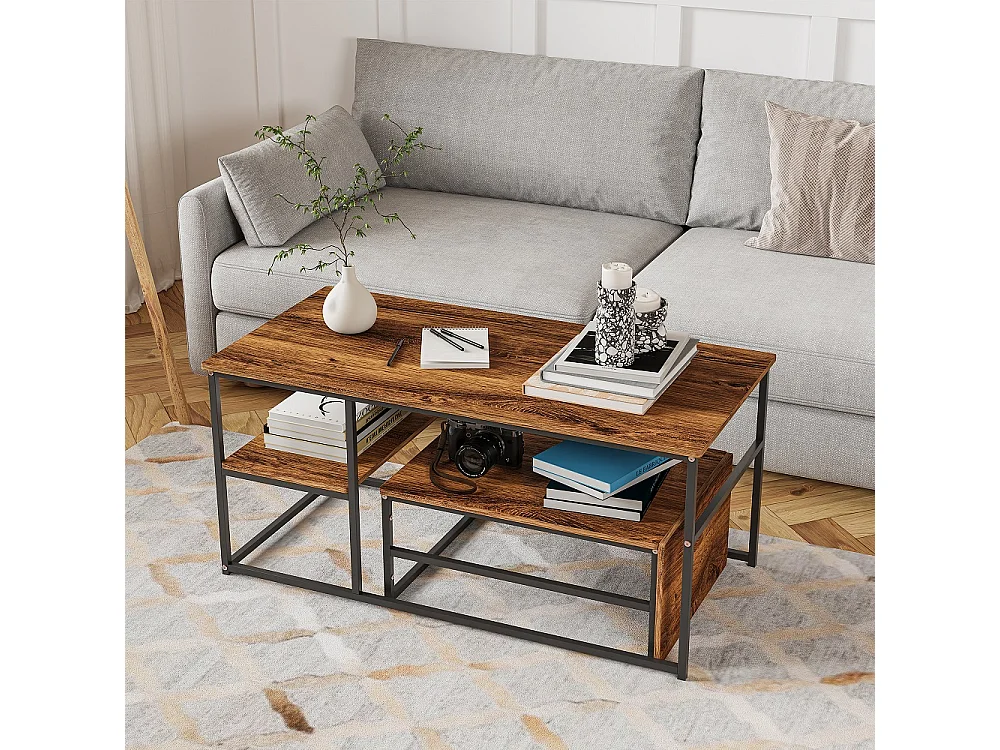 Tables latérales rectangulaires - Table de canapé 2pcs avec espace de stockage - Pièces de table noires + panneau de grain de bois