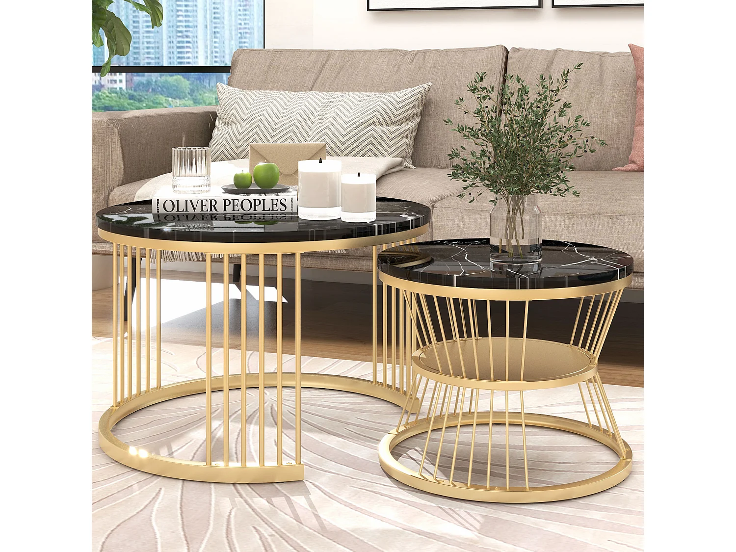 2pcs ronde moderne nidification ensemble de table basse - Couleur d'or cadre en marbre placage canapé tables latérales - Tables d'extrémité - noir