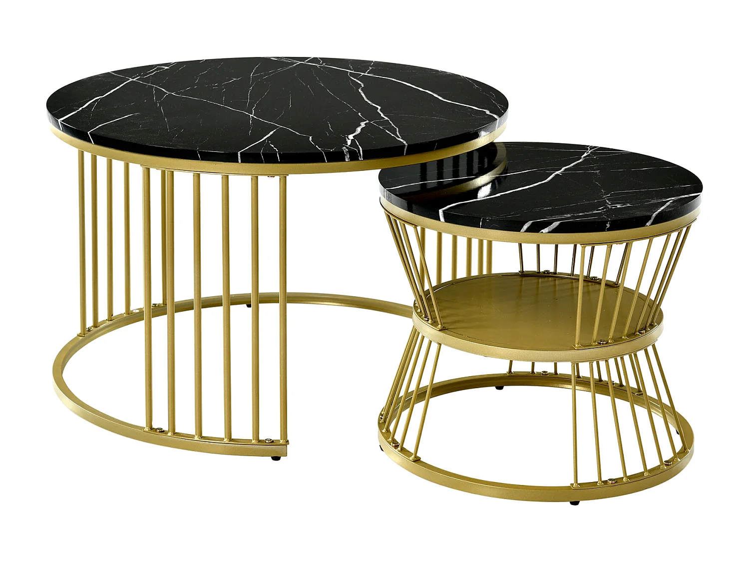 2pcs ronde moderne nidification ensemble de table basse - Couleur d'or cadre en marbre placage canapé tables latérales - Tables d'extrémité - noir