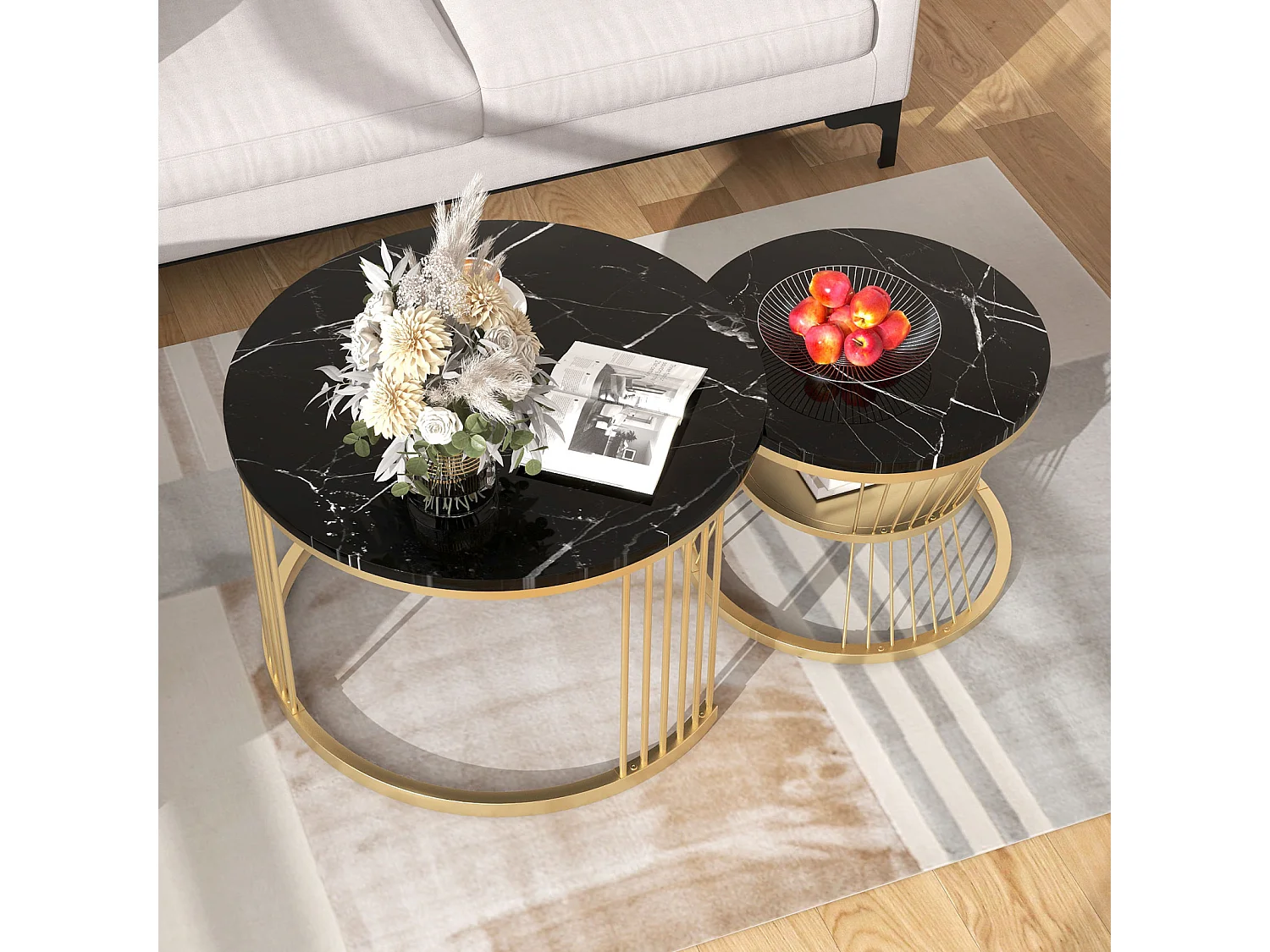 Table ronde d'extrémité - Table basse de nidification Ensemble de 2 - avec placage en marbre et cadre en or et espace de stockage - noir