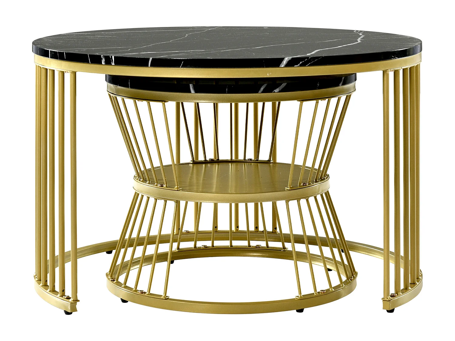 Table ronde d'extrémité - Table basse de nidification Ensemble de 2 - avec placage en marbre et cadre en or et espace de stockage - noir