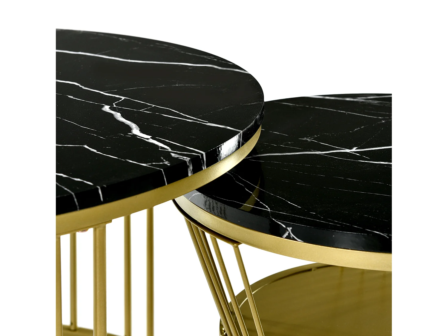 Table ronde d'extrémité - Table basse de nidification Ensemble de 2 - avec placage en marbre et cadre en or et espace de stockage - noir