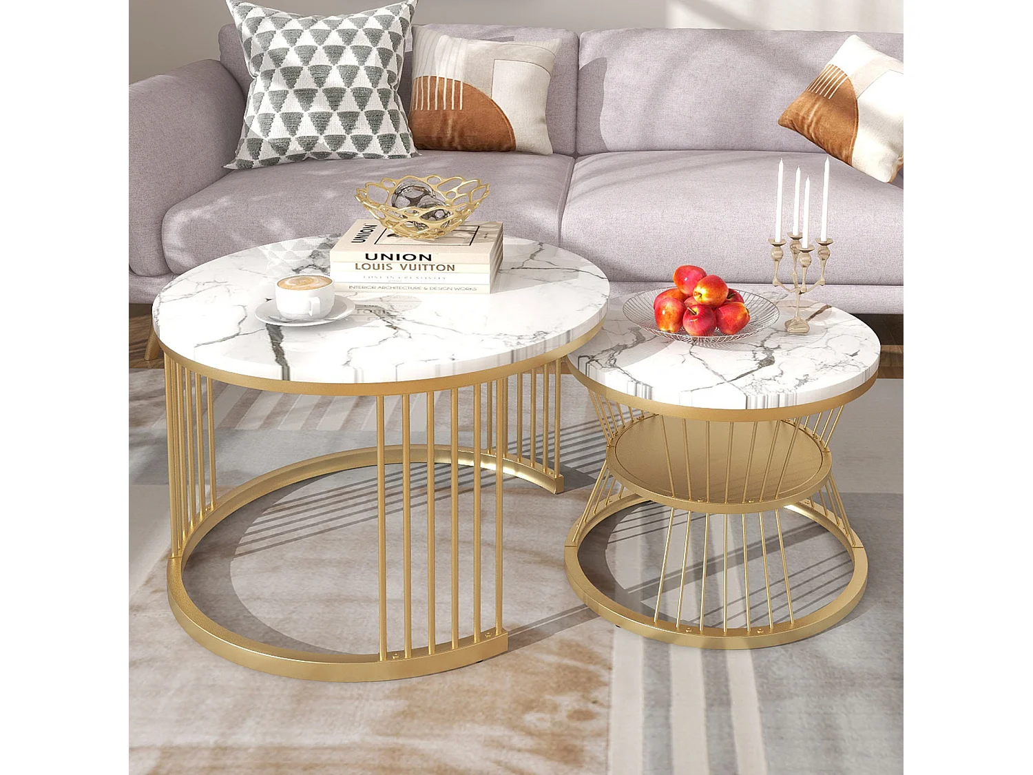 Table ronde d'extrémité - Nesting Table basse Ensemble de 2 - avec placage en marbre et cadre en or et espace de stockage - blanc