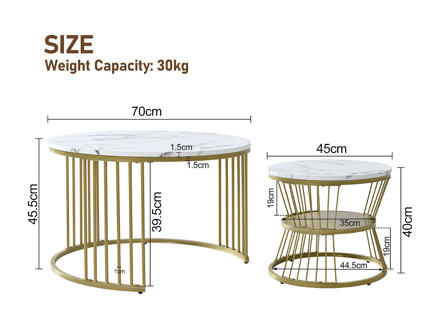 Table ronde d'extrémité - Nesting Table basse Ensemble de 2 - avec placage en marbre et cadre en or et espace de stockage - blanc