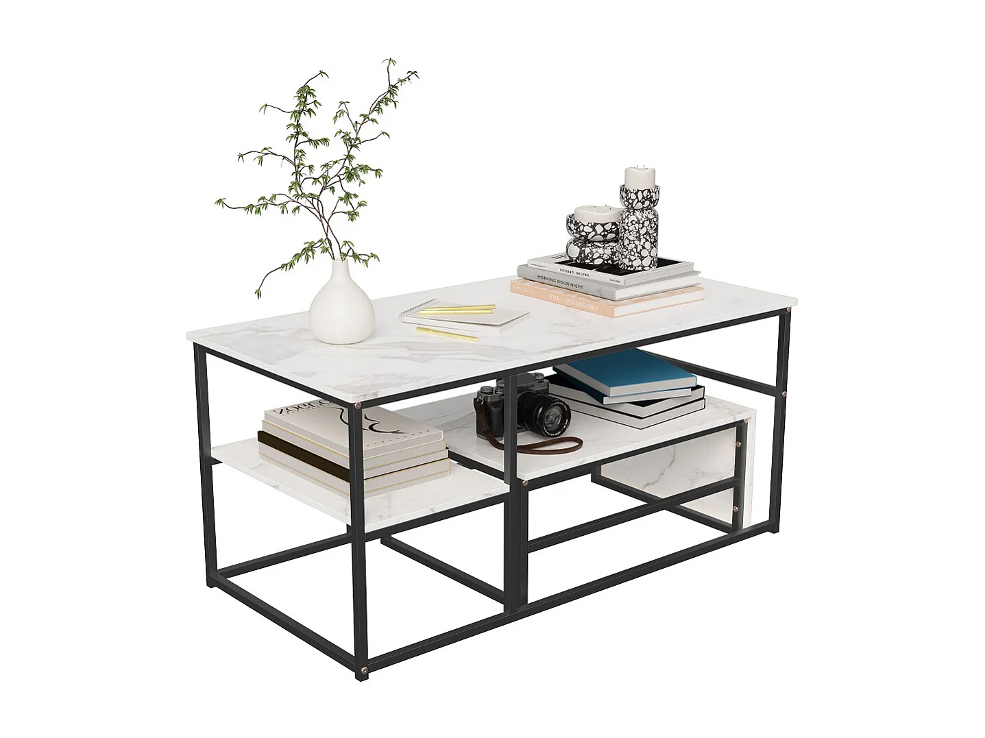 Tables à café à 2 couches avec espace de stockage - Tables latérales rectangulaires avec haut en marbre et cadre en métal noir