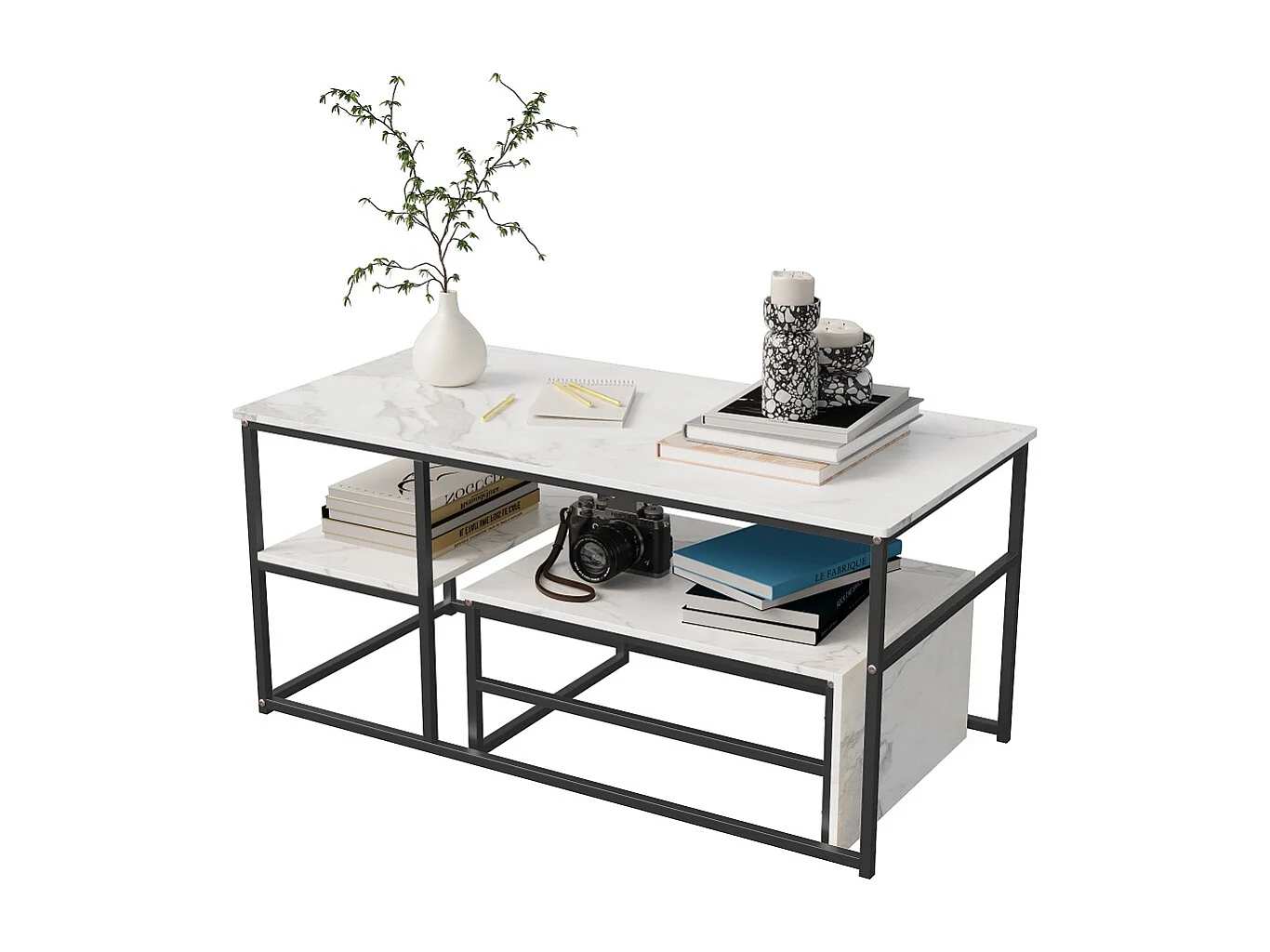 Tables à café à 2 couches avec espace de stockage - Tables latérales rectangulaires avec haut en marbre et cadre en métal noir