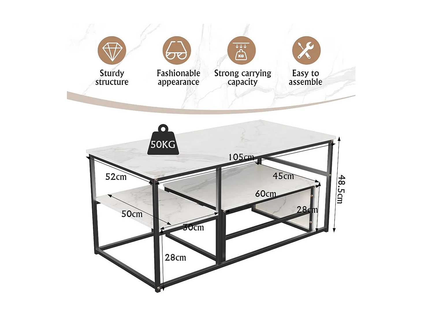 Table de canapé 2-en-1, tables à café empilables modernes - avec le haut du regard en marbre et le cadre en métal noir
