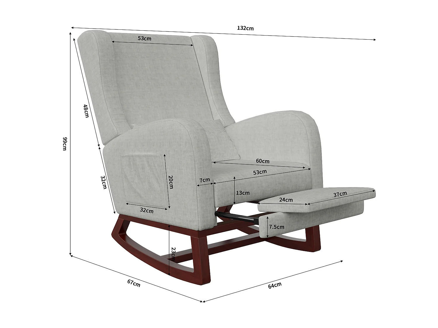 Chaise à bascule - avec appuie-pieds - Chaise à bascule avec coussin lombaire et poches latérales - gris - Tissu velours glacé