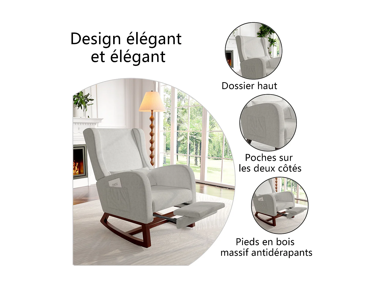 Chaise à bascule - avec appuie-pieds - Chaise à bascule avec coussin lombaire et poches latérales - gris - Tissu velours glacé