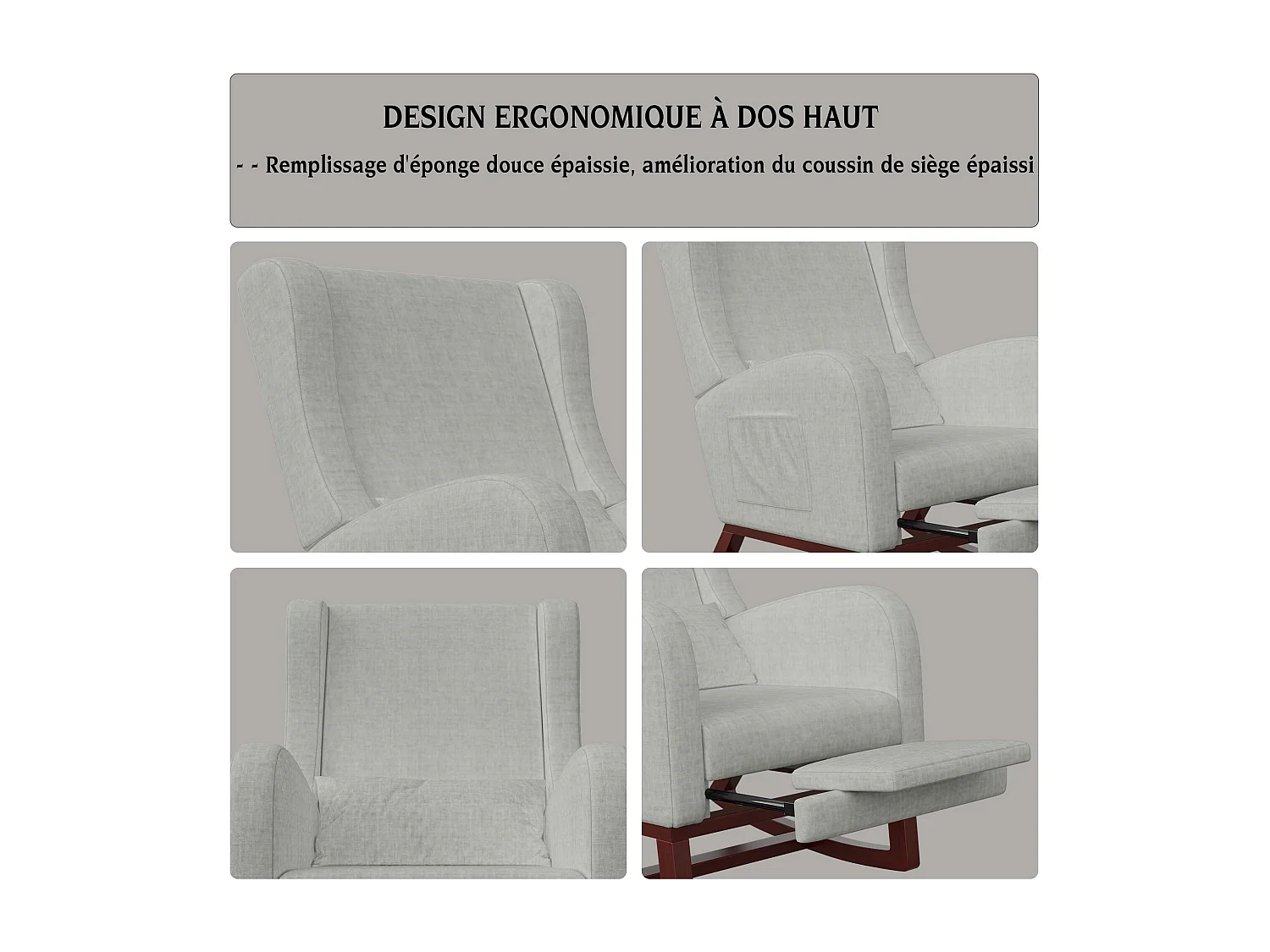 Chaise à bascule - avec appuie-pieds - Chaise à bascule avec coussin lombaire et poches latérales - gris - Tissu velours glacé