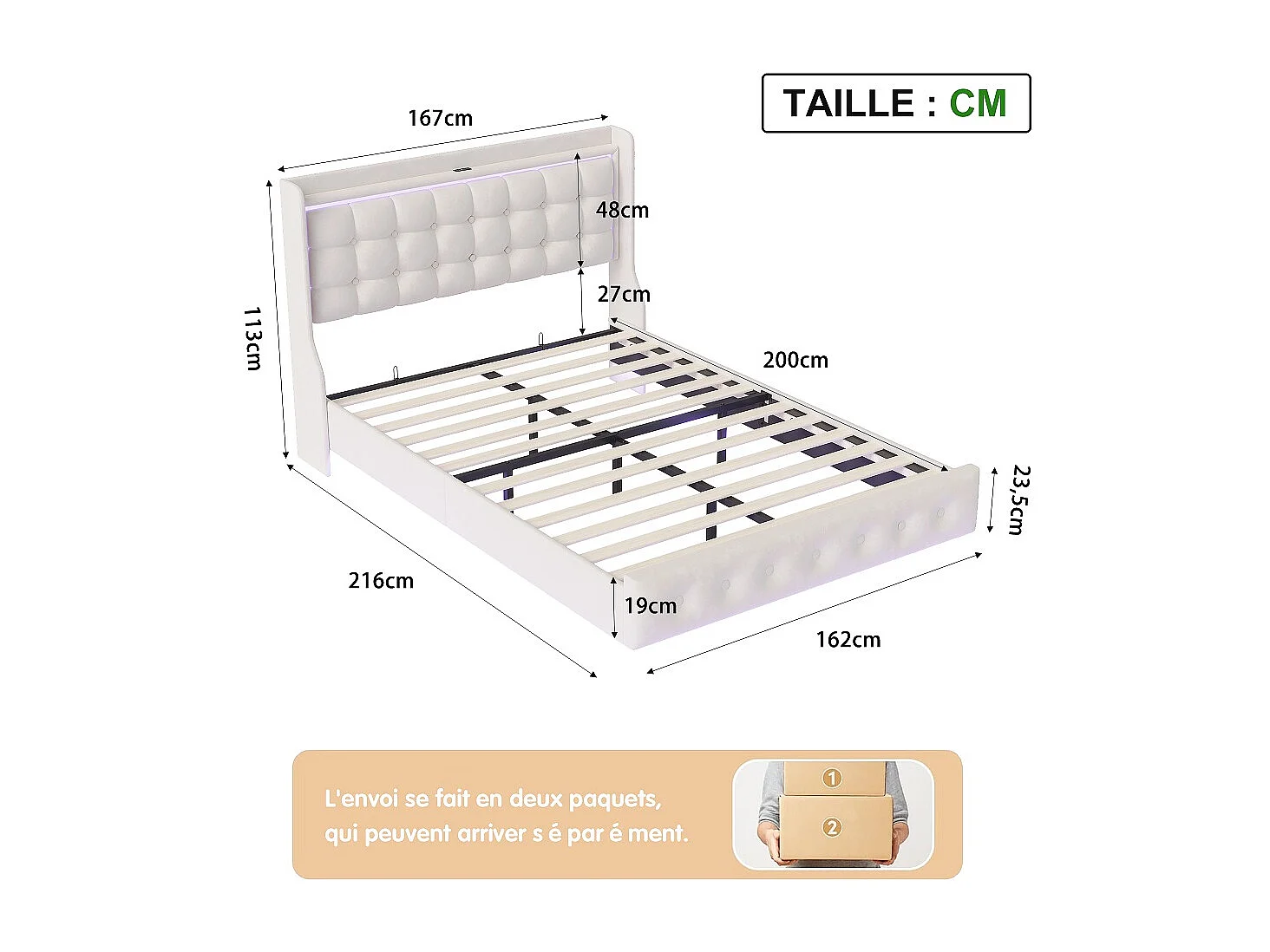 Cadre de lit double - Lit flottant 160 x 200 cm - avec éclairage LED et fonction de charge USB - Velvet - blanc