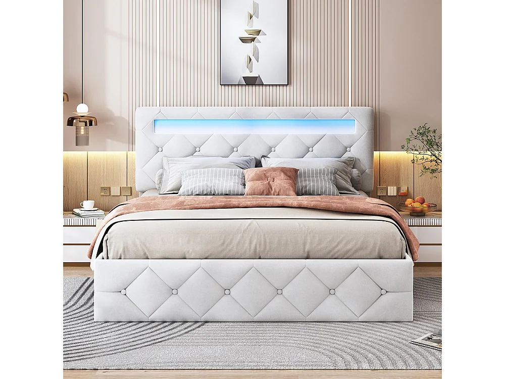 Rama łóżka z aksamitu w kolorze morelowym 160x200 cm z hydraulicznym schowkiem i RGB LED, regulowane wezgłowie, styl nowoczesny