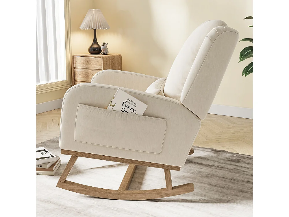 Chaise à bascule - Chaise à bascule avec coussin arrière et poches latérales - Beige - tissu coton lin