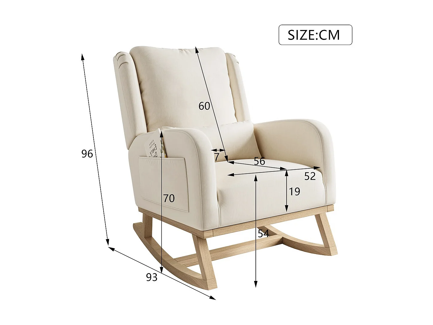 Chaise à bascule - Chaise à bascule avec coussin arrière et poches latérales - Beige - tissu coton lin