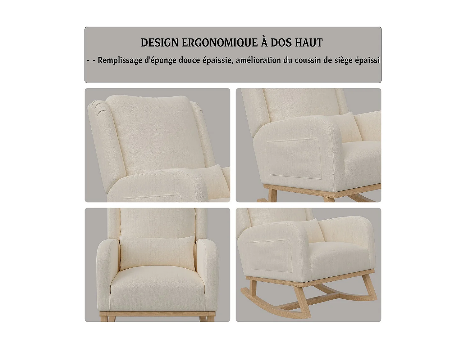 Chaise à bascule - Chaise à bascule avec coussin arrière et poches latérales - Beige - tissu coton lin