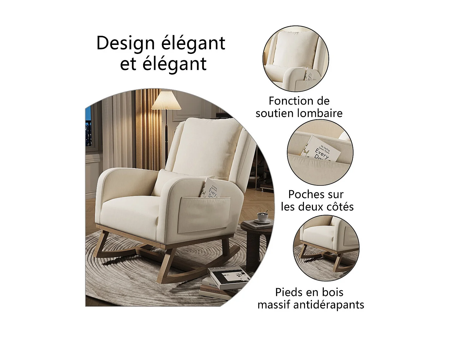 Chaise à bascule - Chaise à bascule avec coussin arrière et poches latérales - Beige - tissu coton lin