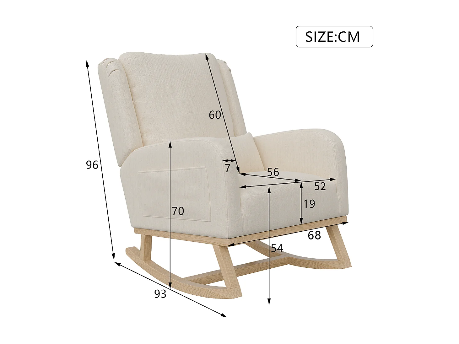 Chaise à bascule - Chaise à bascule avec coussin arrière et poches latérales - Beige - tissu coton lin