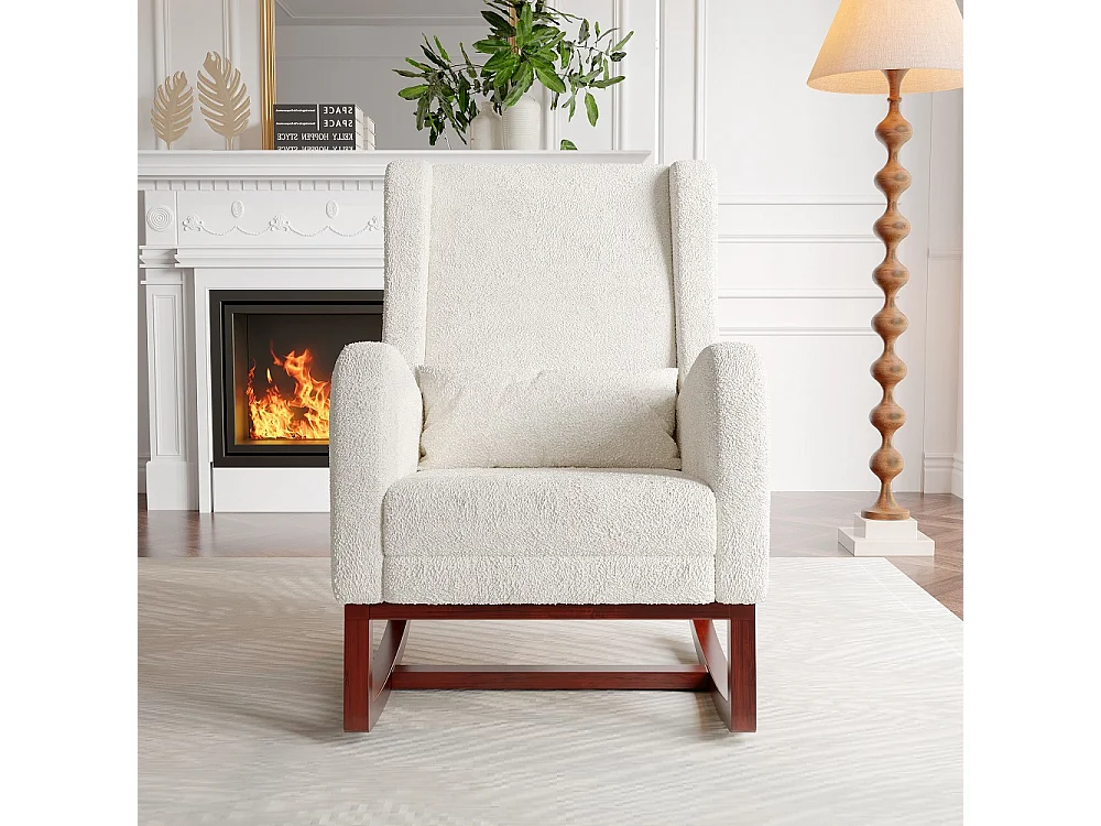 Witte schommelstoel met ergonomisch kussen, voetensteun en zijzakken, schapenvacht fleece stof, wingback design