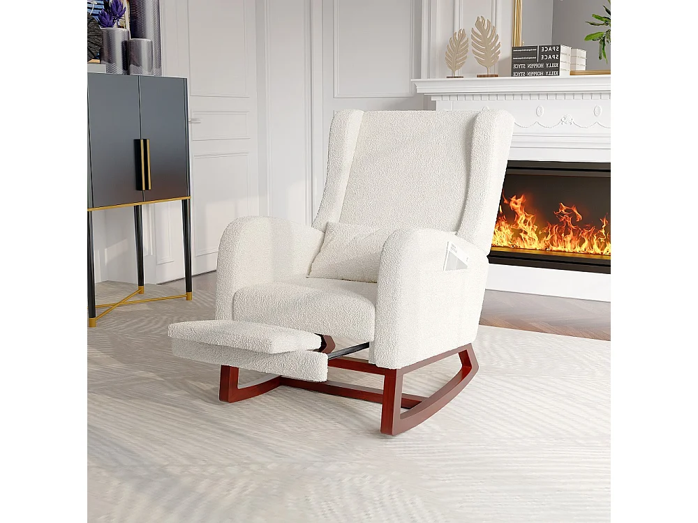 Witte schommelstoel met ergonomisch kussen, voetensteun en zijzakken, schapenvacht fleece stof, wingback design