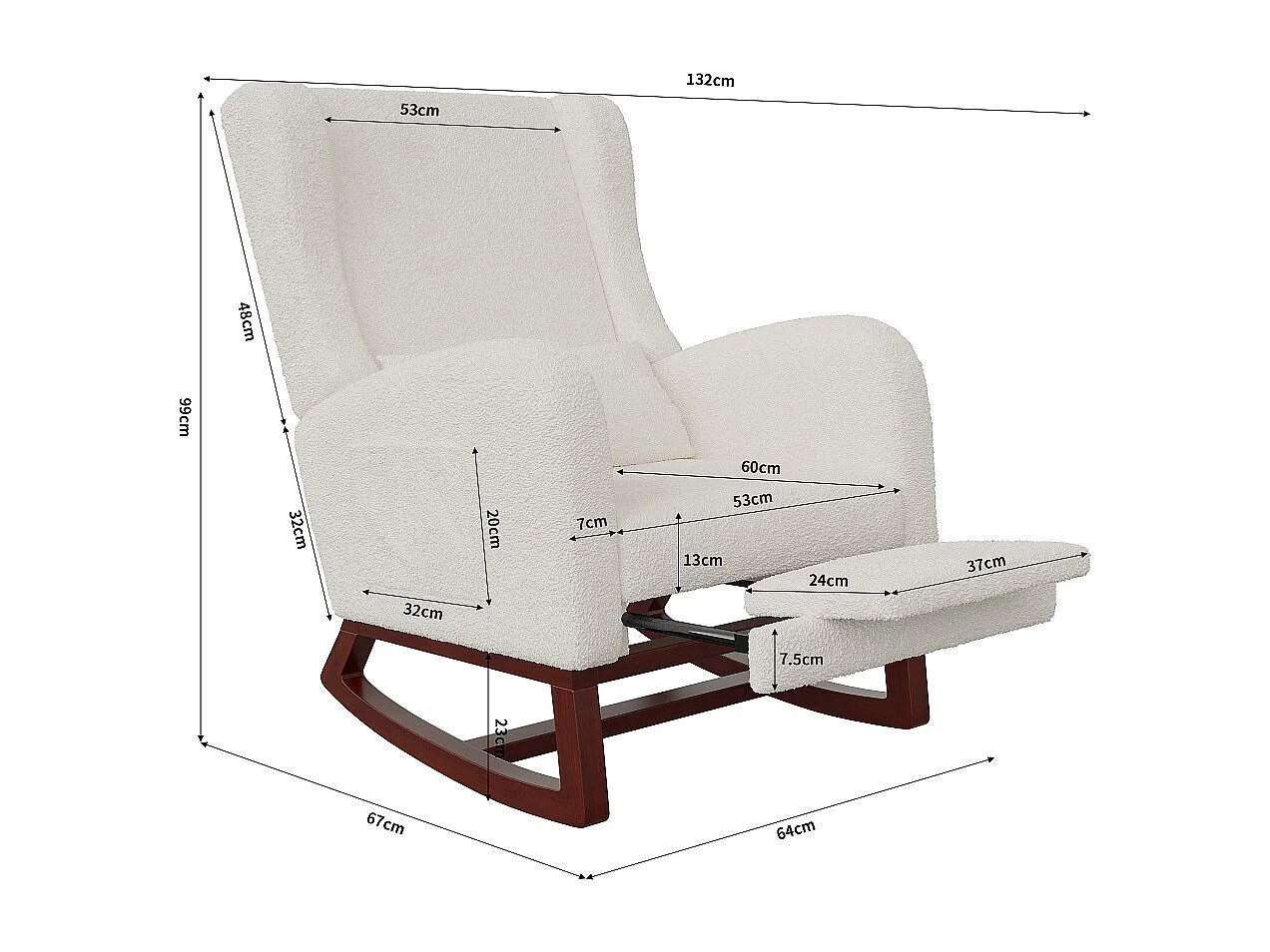 Witte schommelstoel met ergonomisch kussen, voetensteun en zijzakken, schapenvacht fleece stof, wingback design