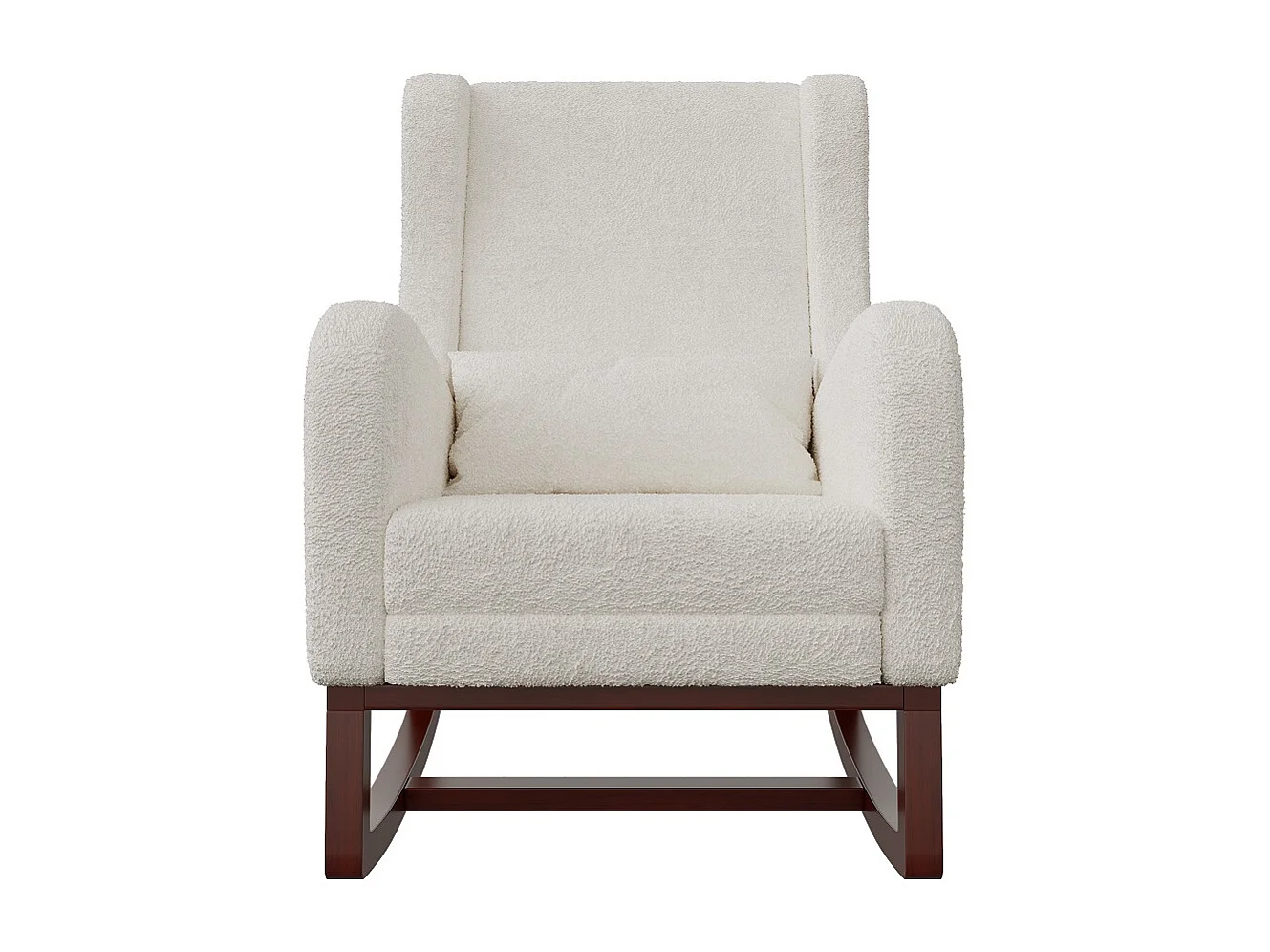 Witte schommelstoel met ergonomisch kussen, voetensteun en zijzakken, schapenvacht fleece stof, wingback design