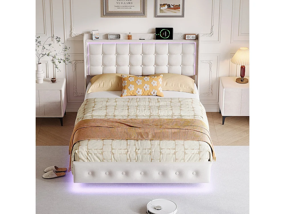 Rama łóżka podwójnego 140x200 cm biały aksamit z oświetleniem LED i portem USB, nowoczesny design bez schowka