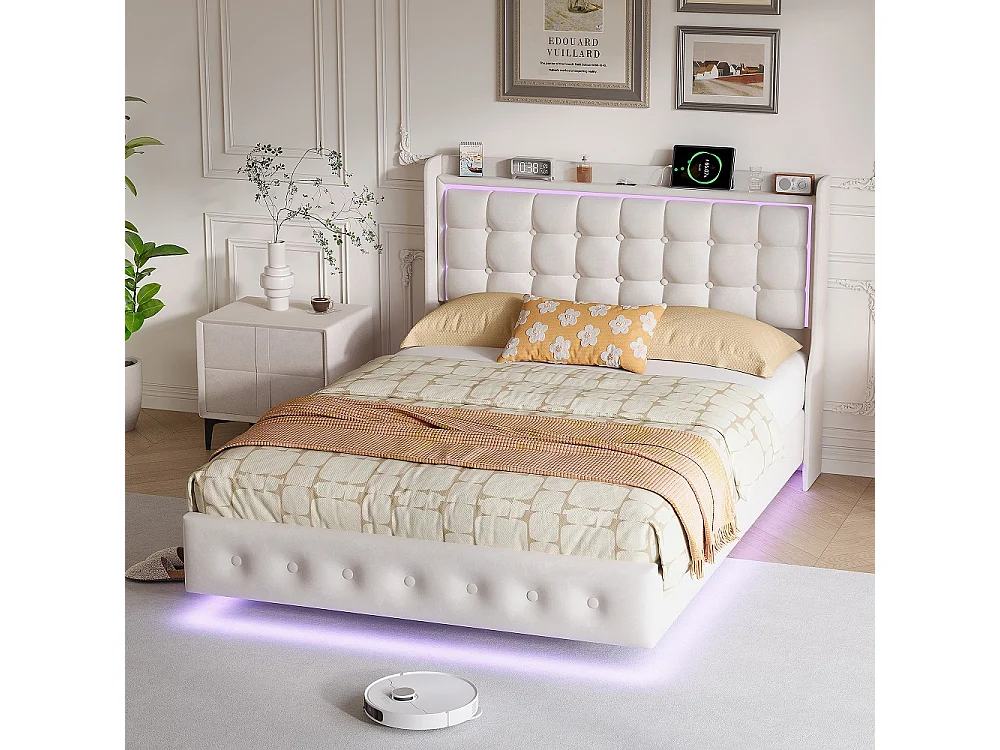 Rama łóżka podwójnego 140x200 cm biały aksamit z oświetleniem LED i portem USB, nowoczesny design bez schowka