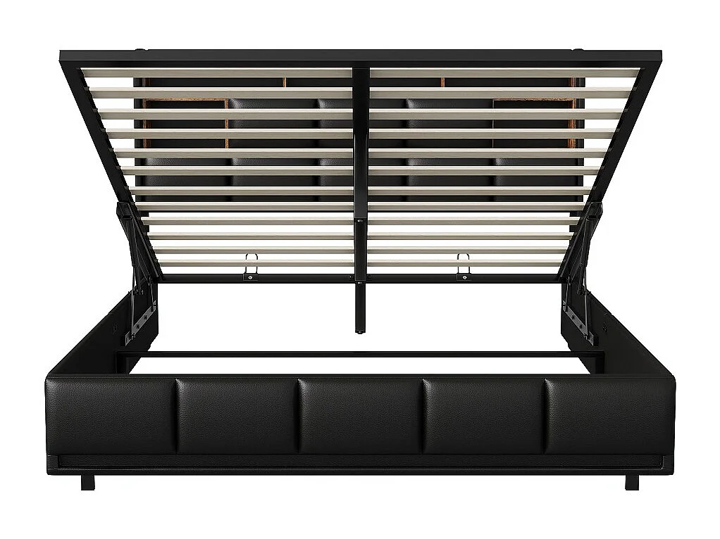 Tapicerowane łóżko 140x200 cm czarne z hydrauliczną przestrzenią do przechowywania, wbudowanym oświetleniem LED i portami USB, rama z listew, styl nowoczesny