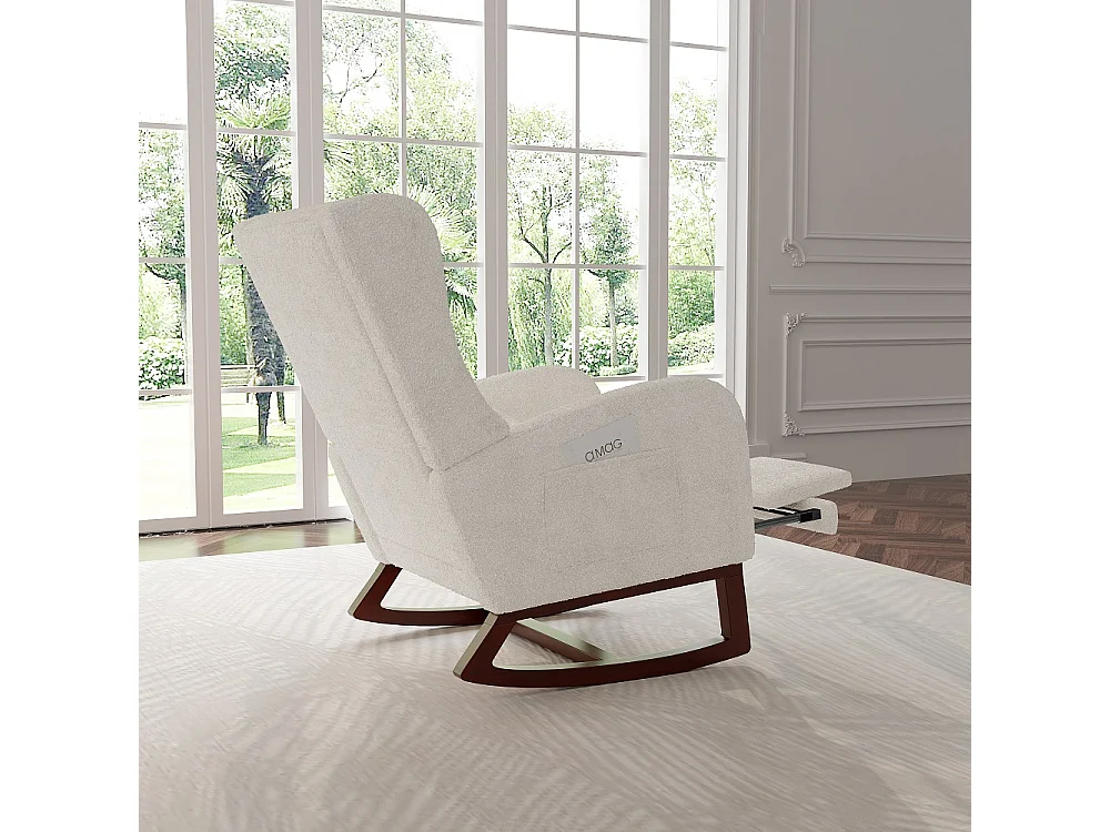 Witte schommelstoel met voetensteun, ergonomisch kussen en zijzakken, zachte lam fleece stof