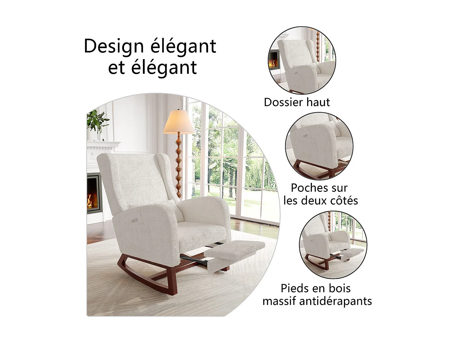 Witte schommelstoel met voetensteun, ergonomisch kussen en zijzakken, zachte lam fleece stof