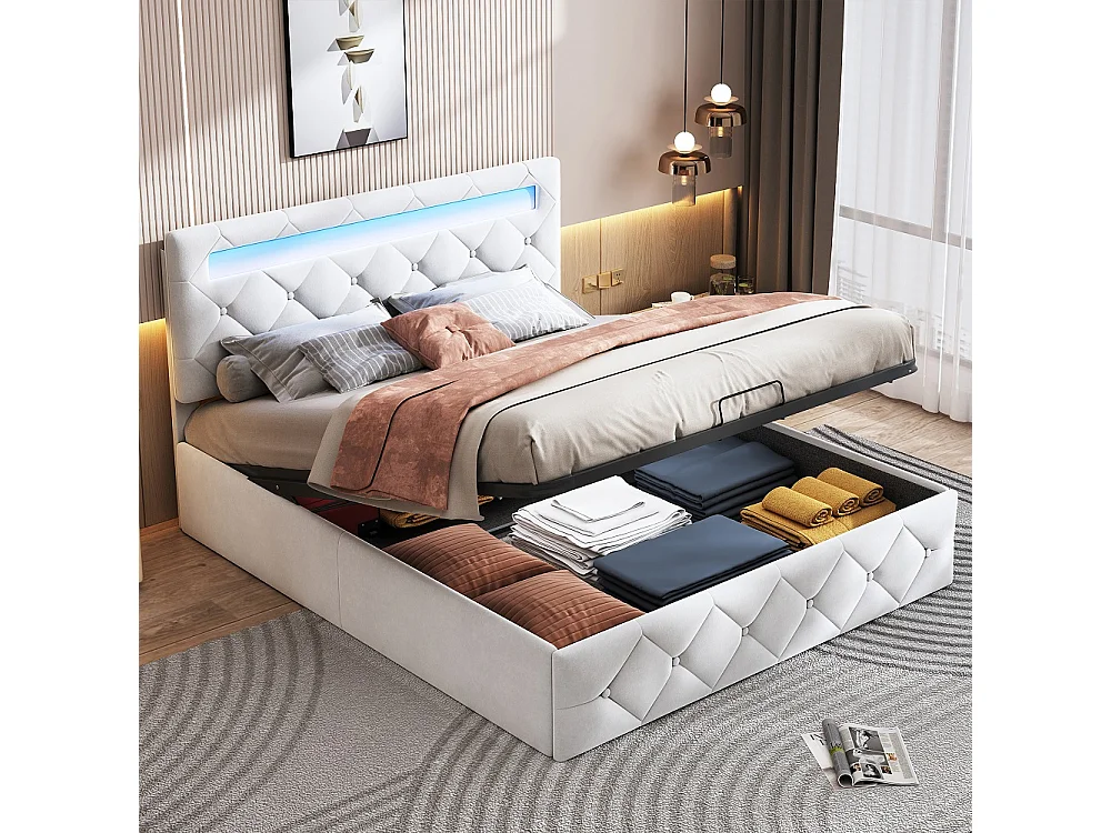 Rama łóżka z aksamitu morelowego 140x200 cm z hydraulicznym schowkiem, LED RGB i regulowanym zagłówkiem