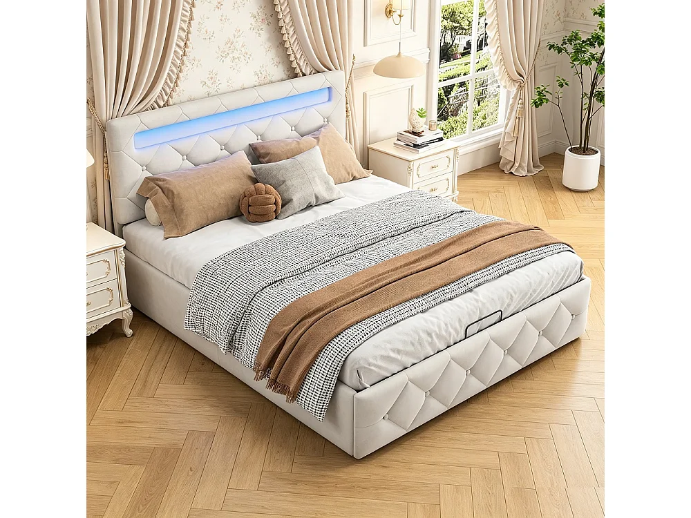 Estrado de cama em veludo damasco 140x200 cm com arrumação hidráulica, LED RGB e cabeceira ajustável