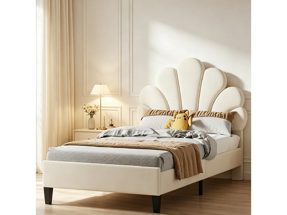 90 x 200 cm Lit style scandinave Tête en forme de fleur Tissu de velours beige