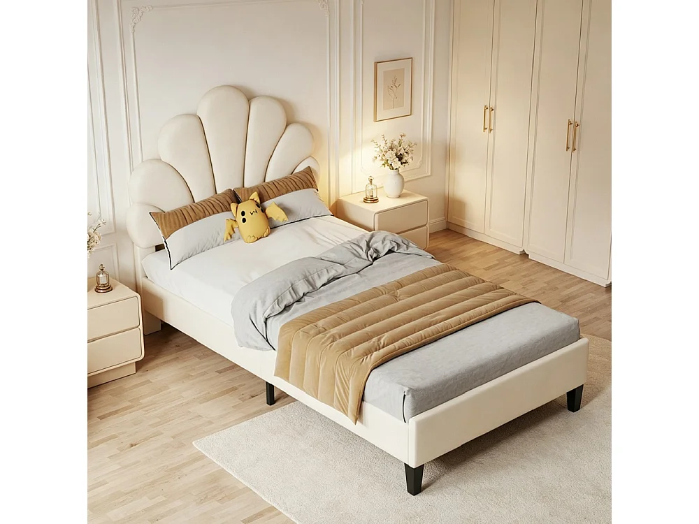 90 x 200 cm Lit style scandinave Tête en forme de fleur Tissu de velours beige