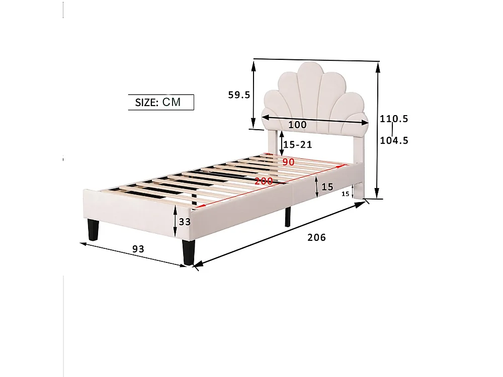 90 x 200 cm Lit style scandinave Tête en forme de fleur Tissu de velours beige