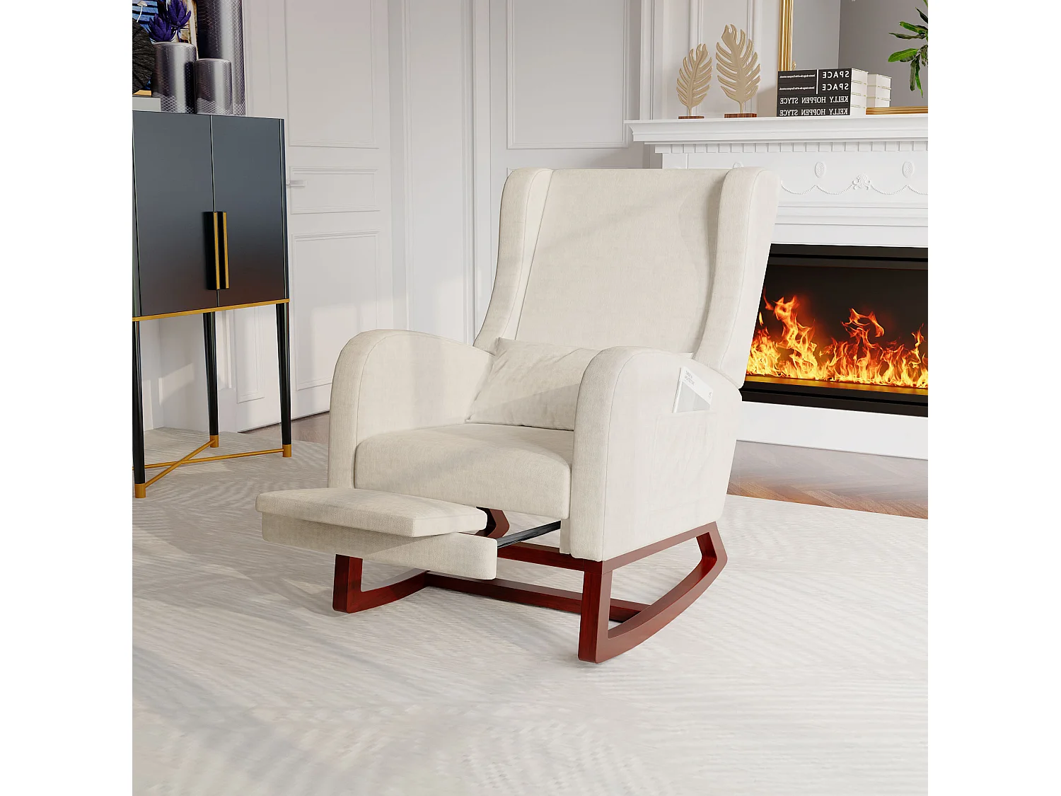 Fauteuil - avec repose-pieds - Fauteuil balançant avec coussin lombaire et poches latérales - Beige - Tissu velours glacé