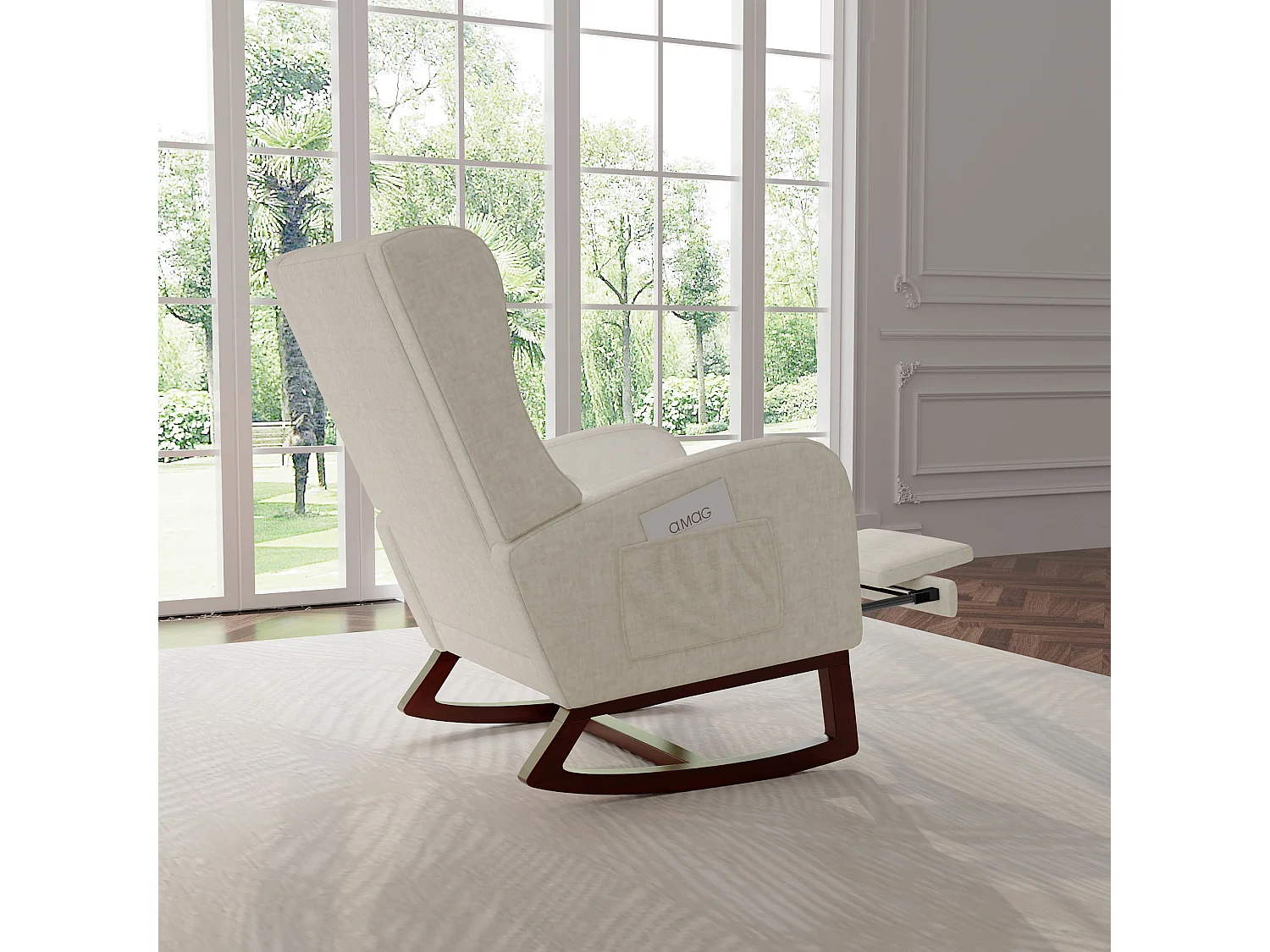 Fauteuil - avec repose-pieds - Fauteuil balançant avec coussin lombaire et poches latérales - Beige - Tissu velours glacé