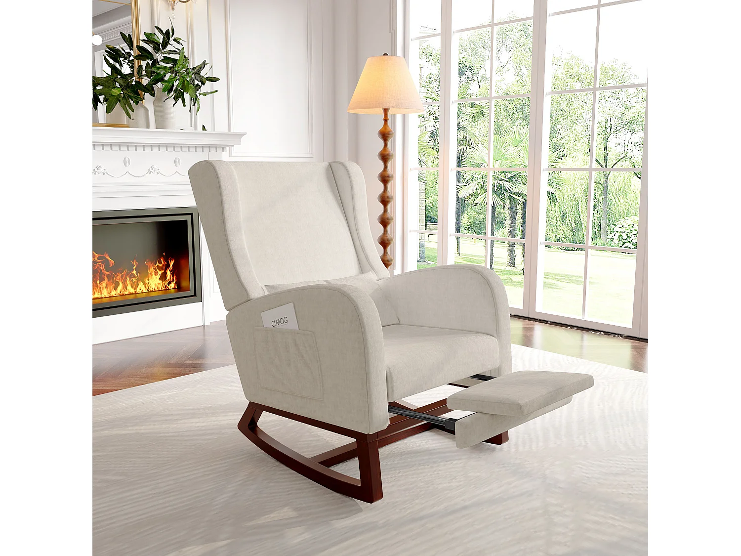 Fauteuil - avec repose-pieds - Fauteuil balançant avec coussin lombaire et poches latérales - Beige - Tissu velours glacé