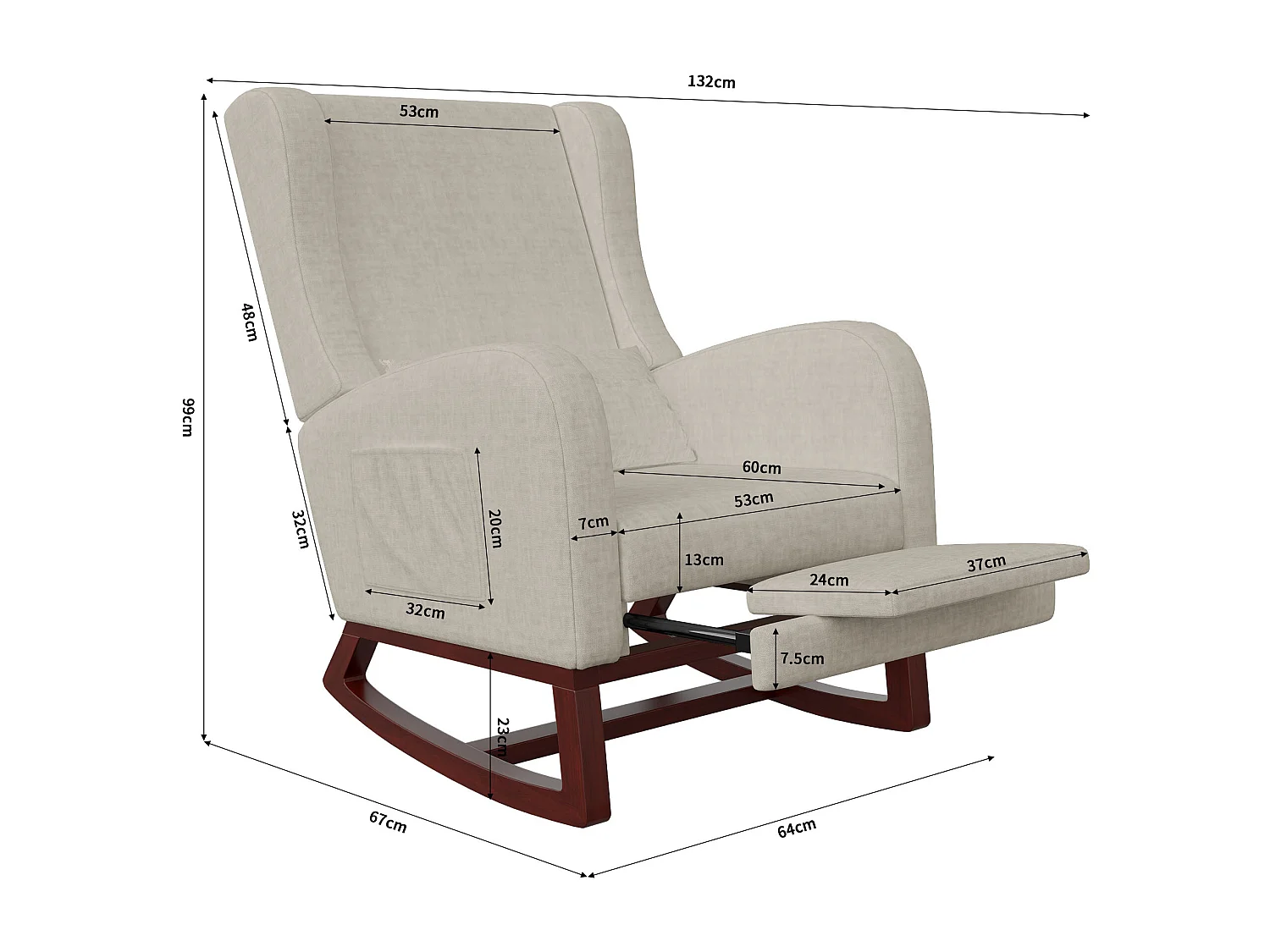 Fauteuil - avec repose-pieds - Fauteuil balançant avec coussin lombaire et poches latérales - Beige - Tissu velours glacé