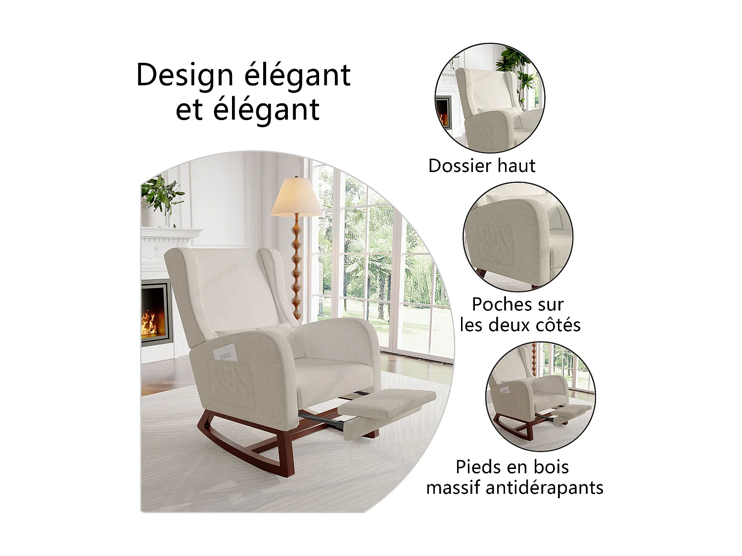 Fauteuil - avec repose-pieds - Fauteuil balançant avec coussin lombaire et poches latérales - Beige - Tissu velours glacé