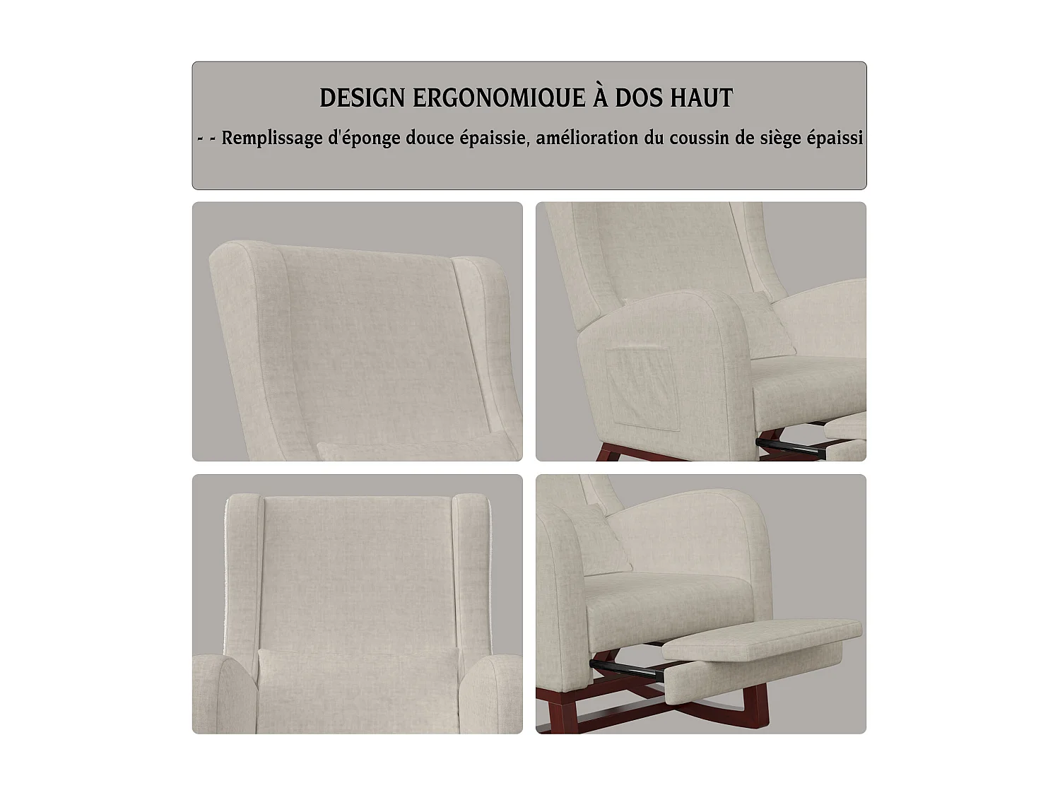 Fauteuil - avec repose-pieds - Fauteuil balançant avec coussin lombaire et poches latérales - Beige - Tissu velours glacé