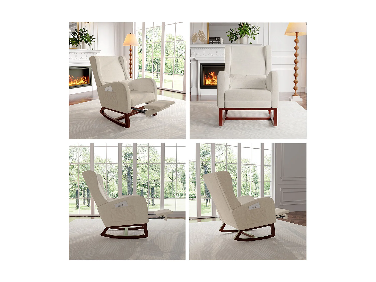 Fauteuil - avec repose-pieds - Fauteuil balançant avec coussin lombaire et poches latérales - Beige - Tissu velours glacé