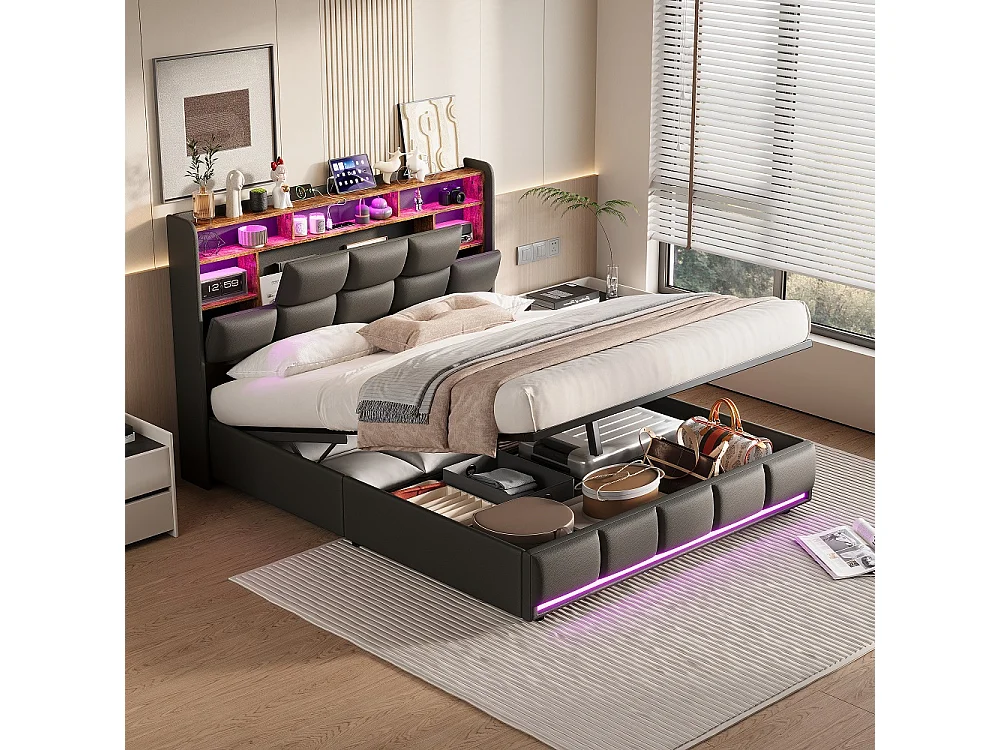Letto matrimoniale 160x200 cm in pelle PU nera con contenitore idraulico, illuminazione LED integrata e porte USB, design contemporaneo