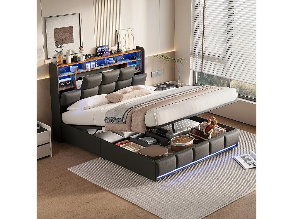 Letto matrimoniale 160x200 cm in pelle PU nera con contenitore idraulico, illuminazione LED integrata e porte USB, design contemporaneo