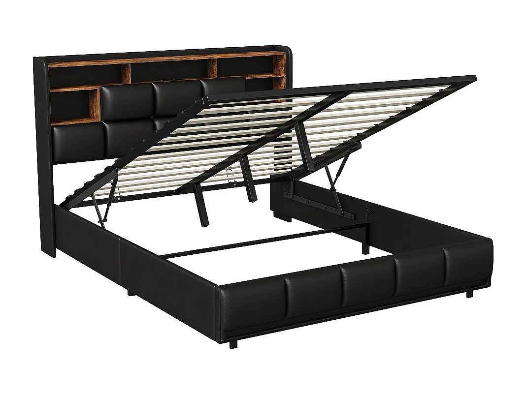 Letto matrimoniale 160x200 cm in pelle PU nera con contenitore idraulico, illuminazione LED integrata e porte USB, design contemporaneo