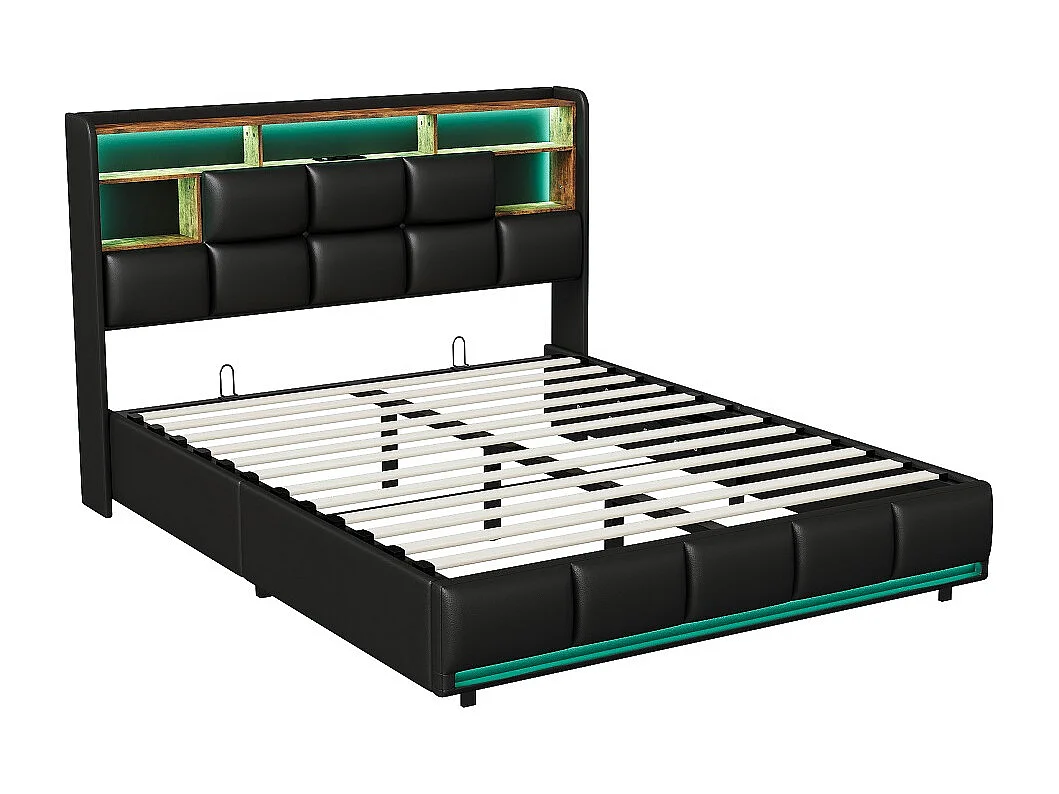 Letto matrimoniale 160x200 cm in pelle PU nera con contenitore idraulico, illuminazione LED integrata e porte USB, design contemporaneo