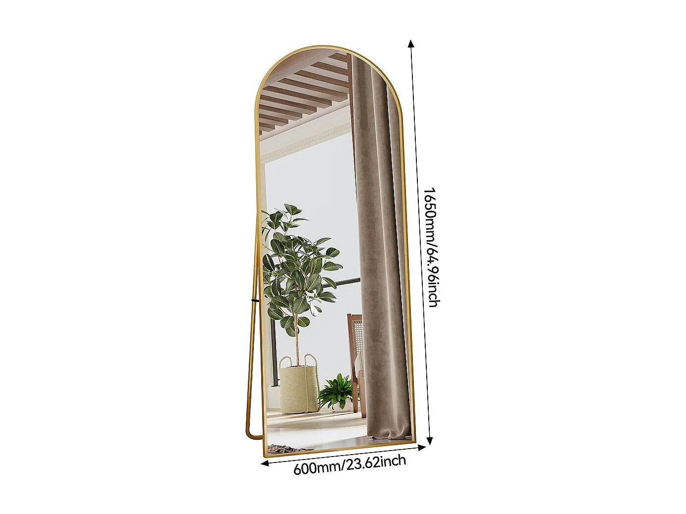 Volledige lengte spiegel 165x60 cm goud met aluminiumlegering frame, gebogen vloerspiegel voor kleedkamer